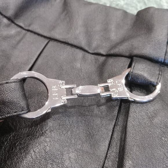 Little For Big Size XL Black Pleather Skirt With Straps & Silvertone Handcuffs - Picture 5 of 13